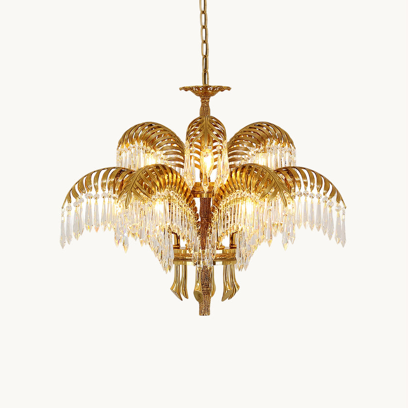 Brass Palm Leaf Crystal Chandelier