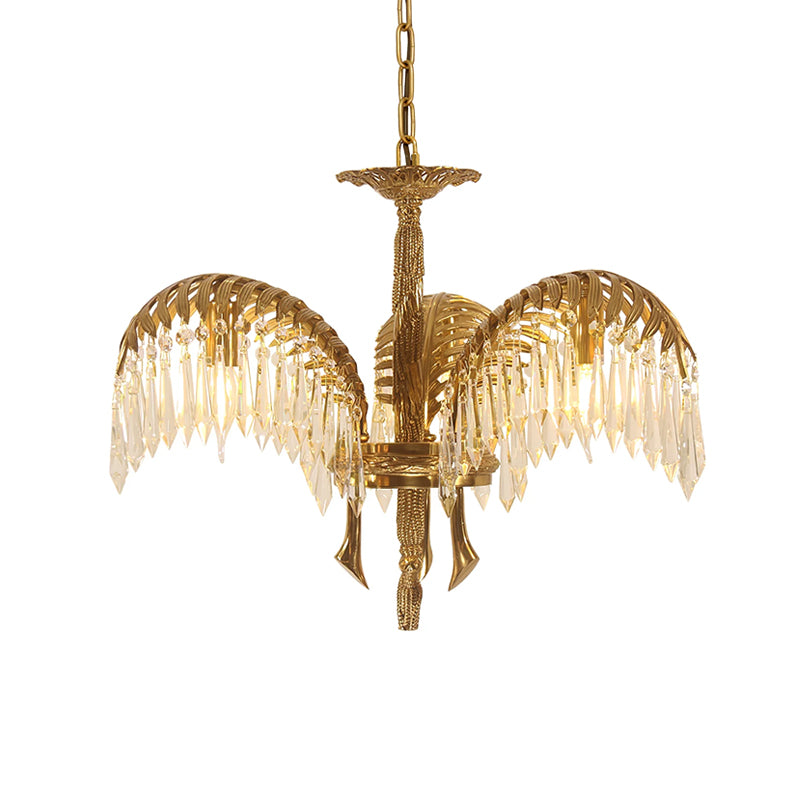 Brass Palm Leaf Crystal Chandelier