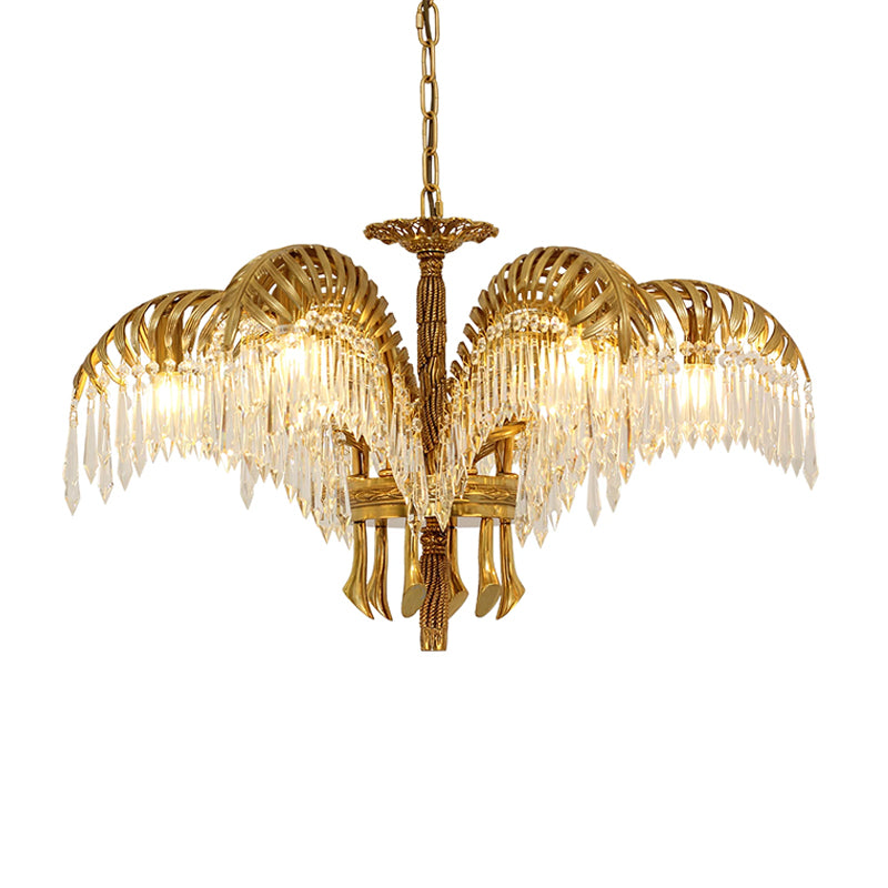 Brass Palm Leaf Crystal Chandelier