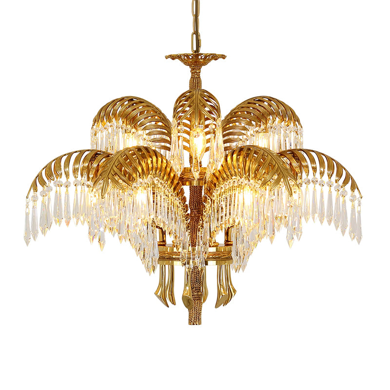 Brass Palm Leaf Crystal Chandelier