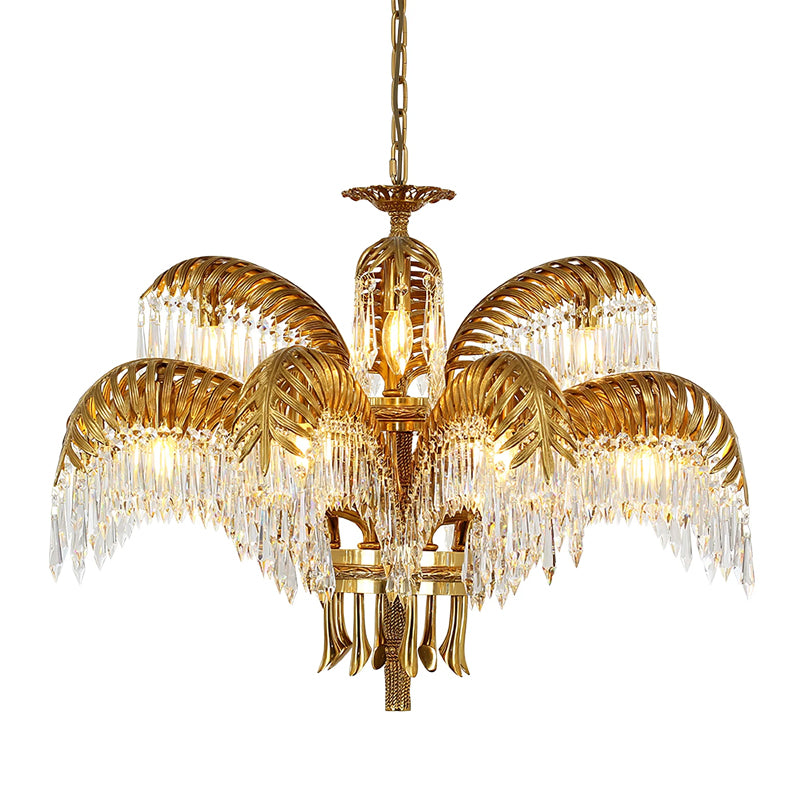 Brass Palm Leaf Crystal Chandelier