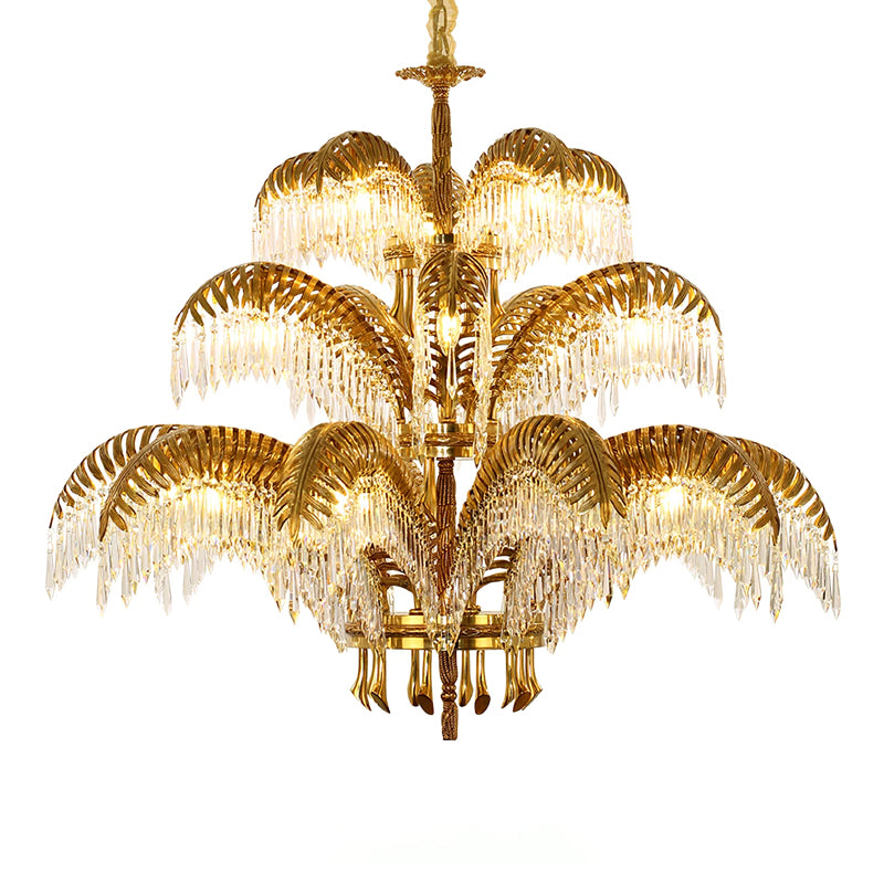 Brass Palm Leaf Crystal Chandelier