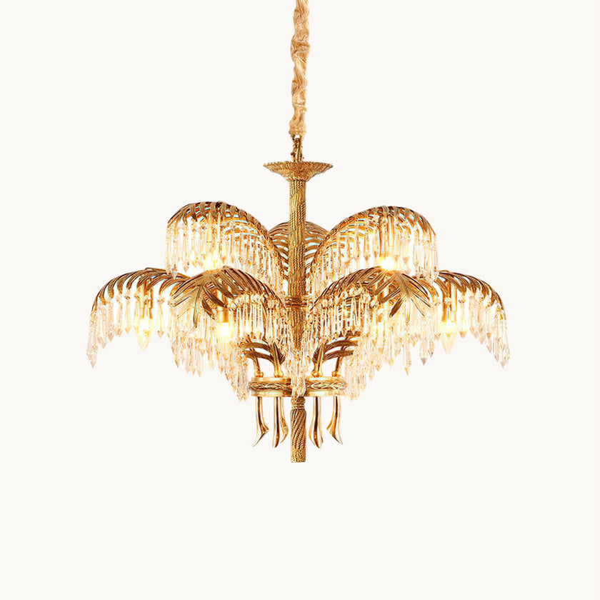 Brass Palm Leaf Crystal Chandelier