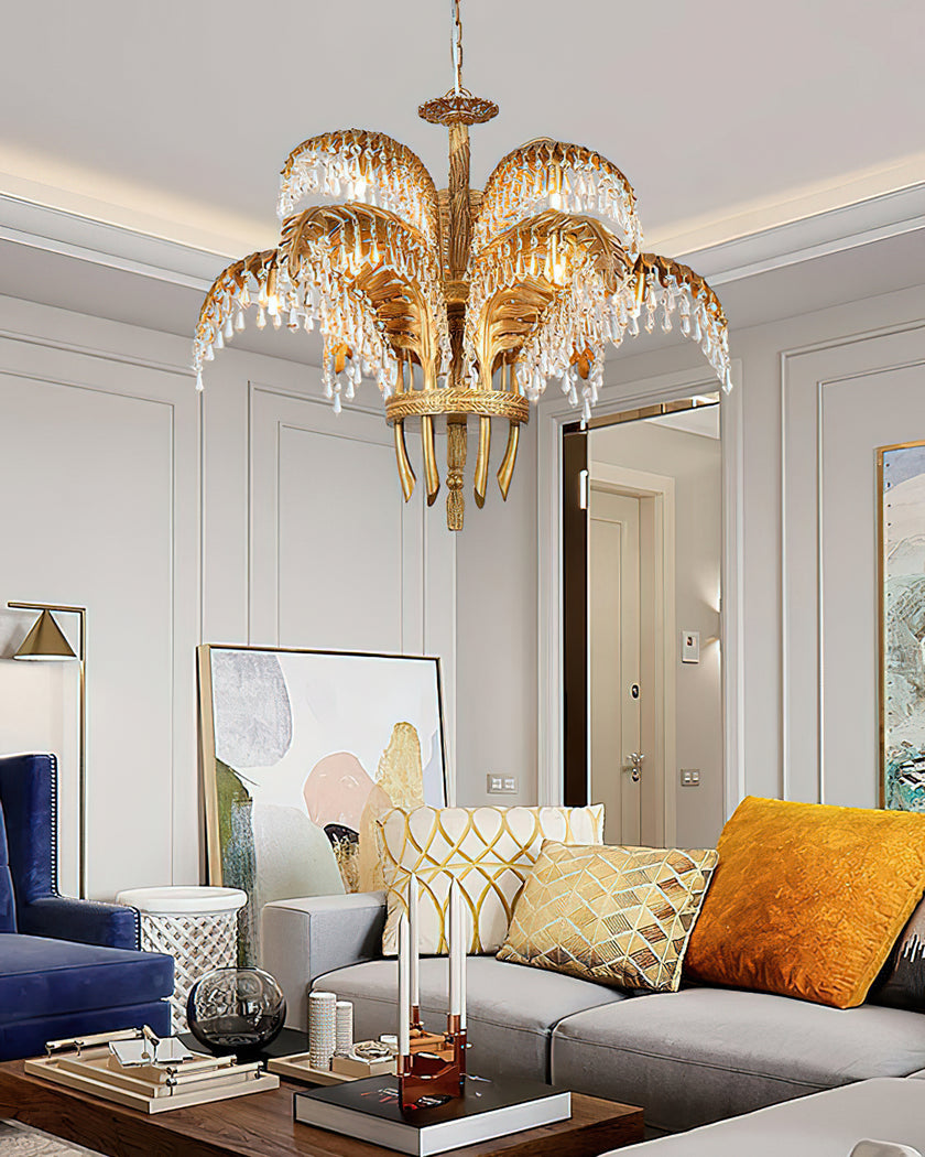 Brass Palm Leaf Crystal Chandelier