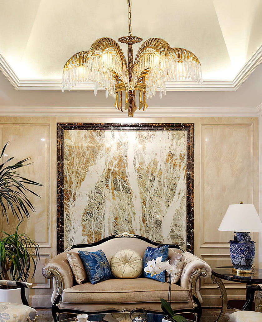 Brass Palm Leaf Crystal Chandelier