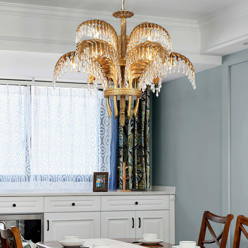 Brass Palm Leaf Crystal Chandelier