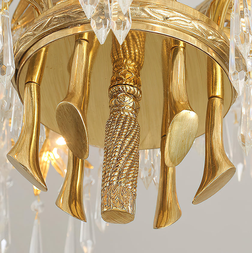 Brass Palm Leaf Crystal Chandelier