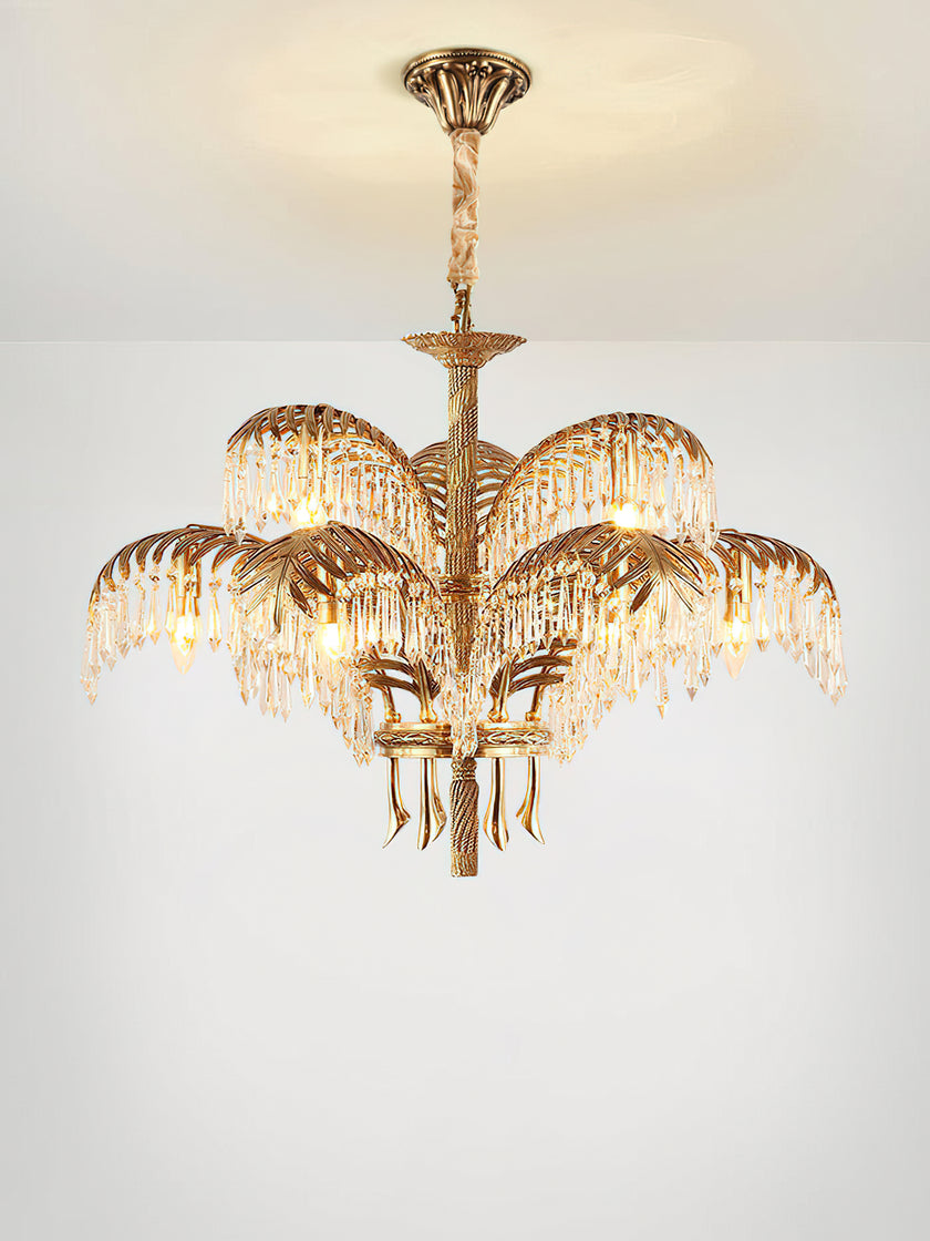 Brass Palm Leaf Crystal Chandelier