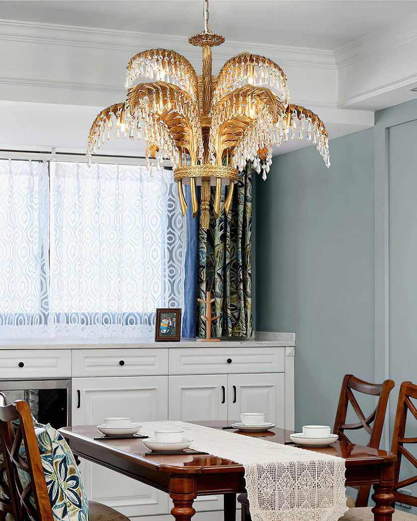 Brass Palm Leaf Crystal Chandelier