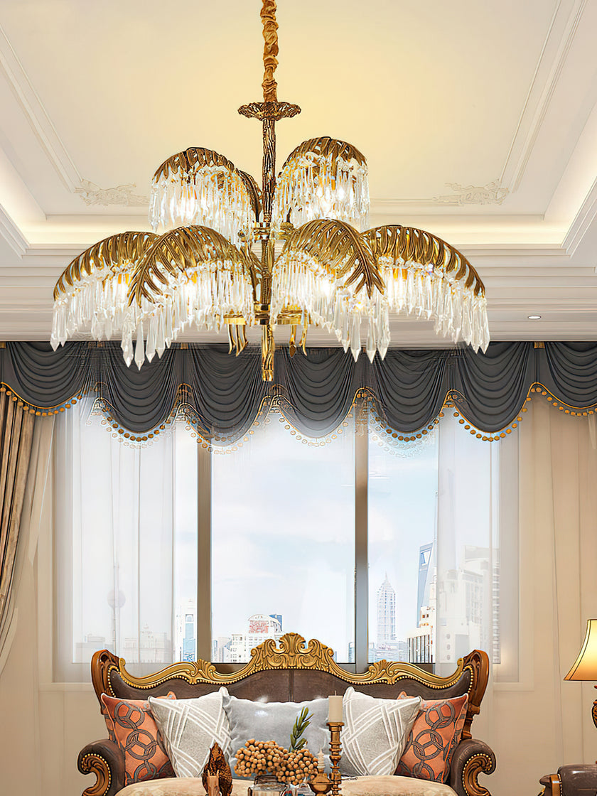 Brass Palm Leaf Crystal Chandelier