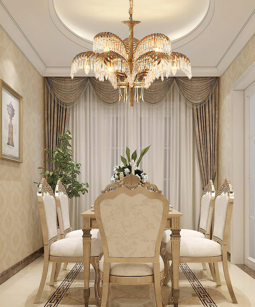 Brass Palm Leaf Crystal Chandelier