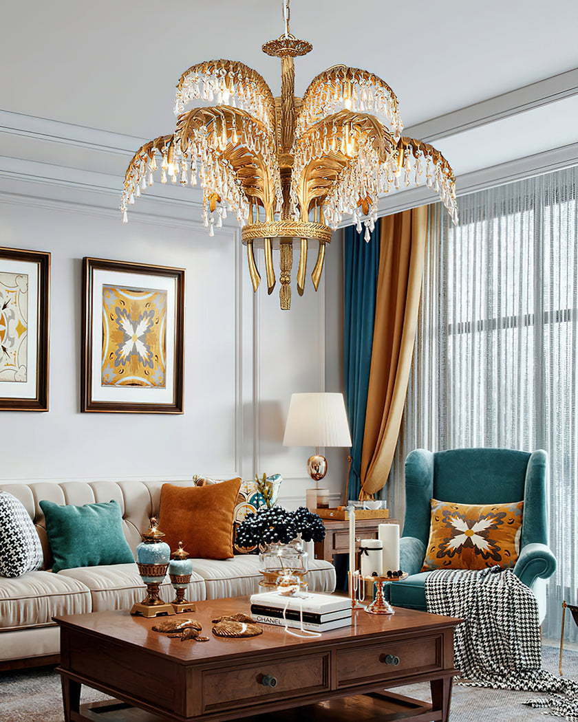 Brass Palm Leaf Crystal Chandelier