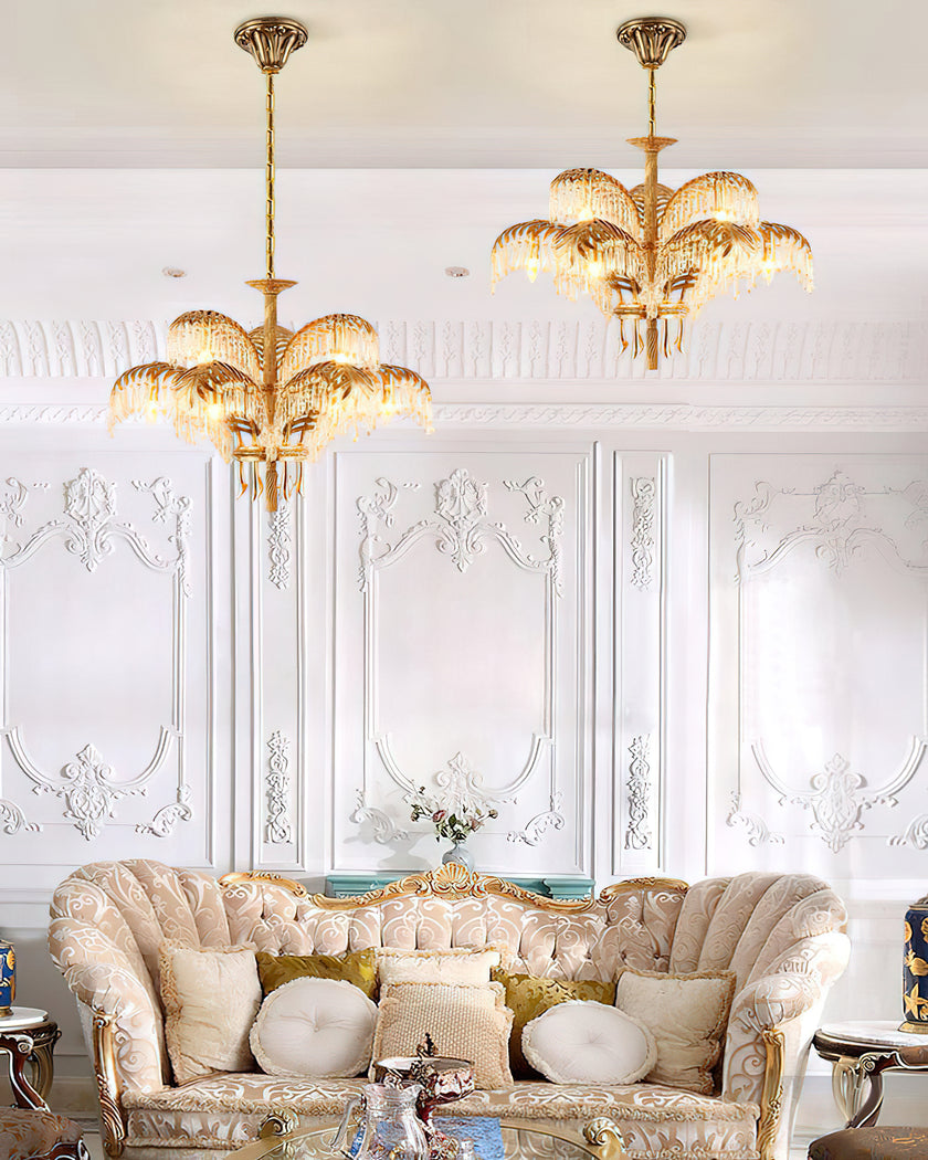 Brass Palm Leaf Crystal Chandelier