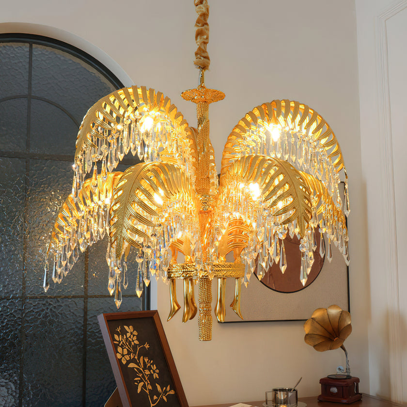 Brass Palm Leaf Crystal Chandelier