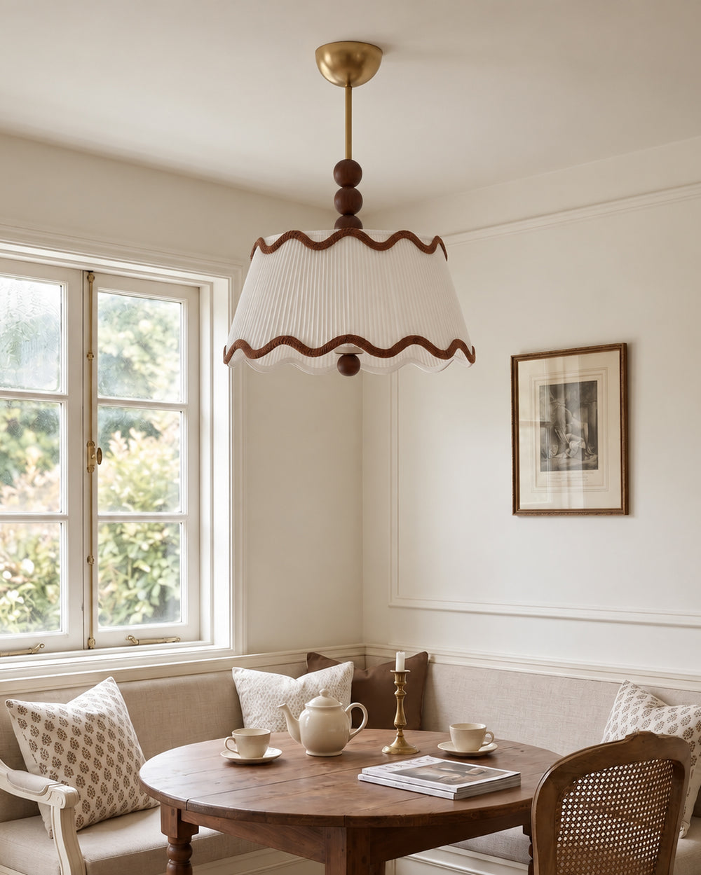 Fabric pendant switched off in a breakfast nook