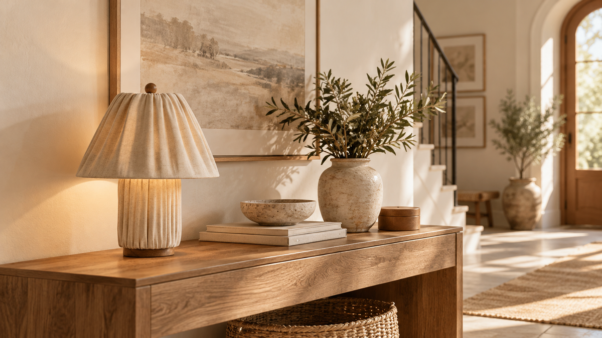 Fabric table lamp glowing on a console in a sunlit entry