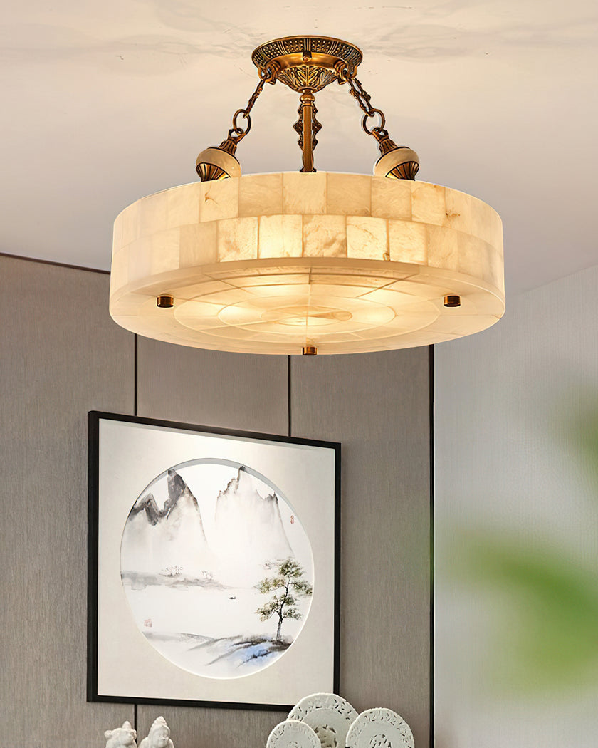 Grid Round Alabaster Ceiling Light