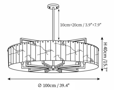 10 heads Size: ∅ 39.4″ x H 15.7″ / Dia 100cm x H 40cm