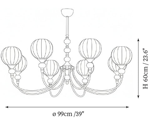 8-Lights: ∅ 39″ x H 23.6″ / Dia 99cm x H 60cm