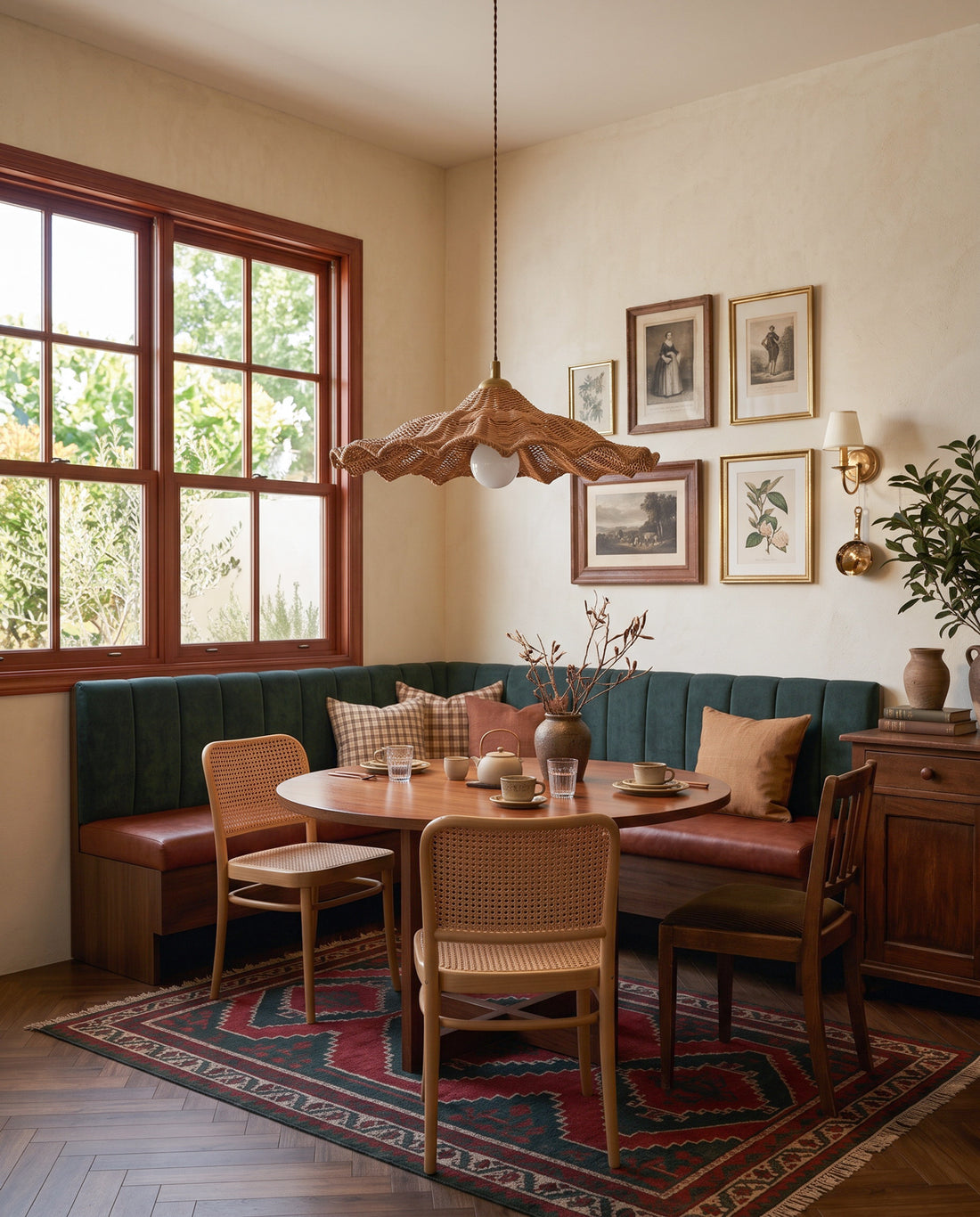 Rattan pendant above a breakfast nook in daylight