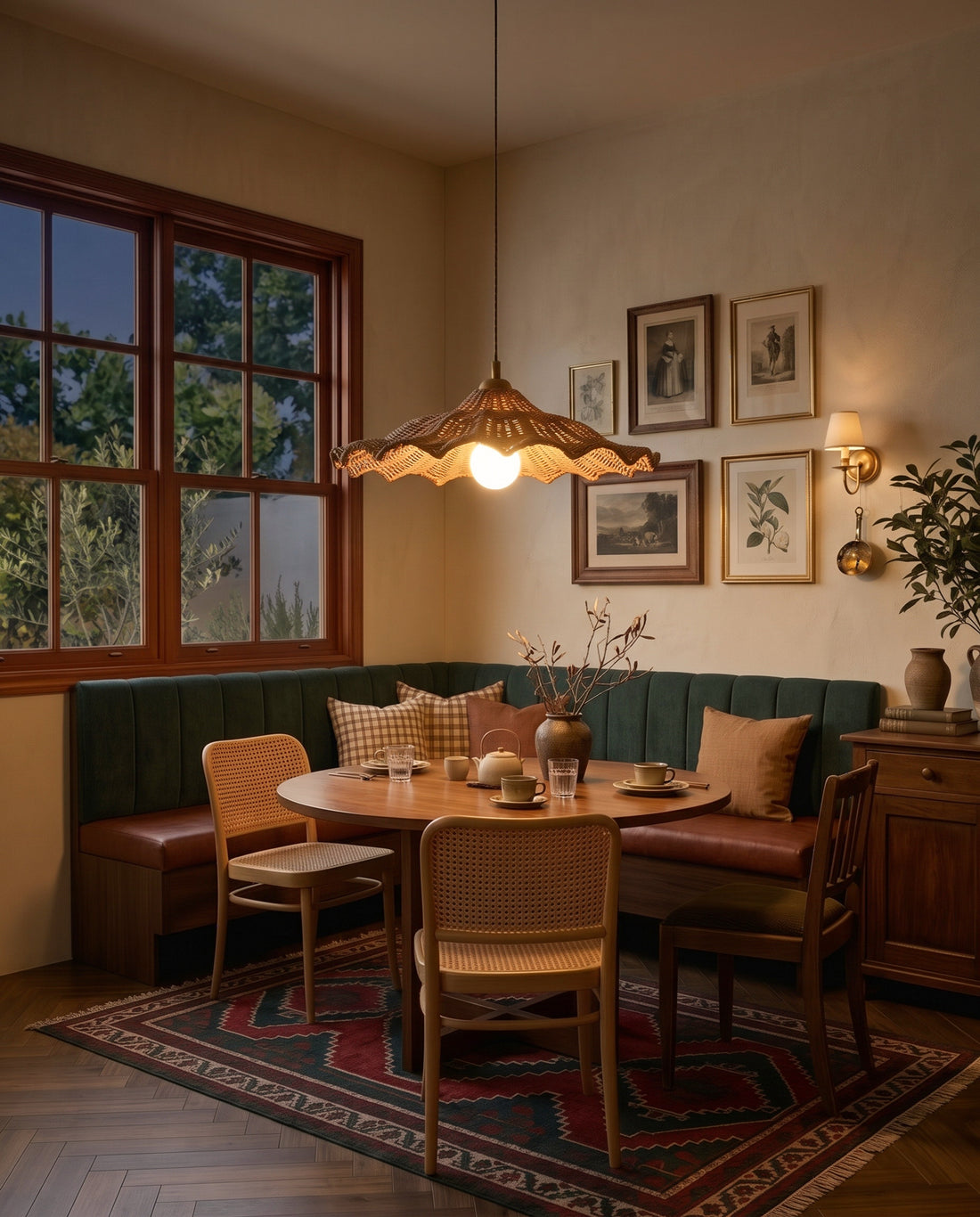 Rattan pendant glowing above a breakfast nook at night