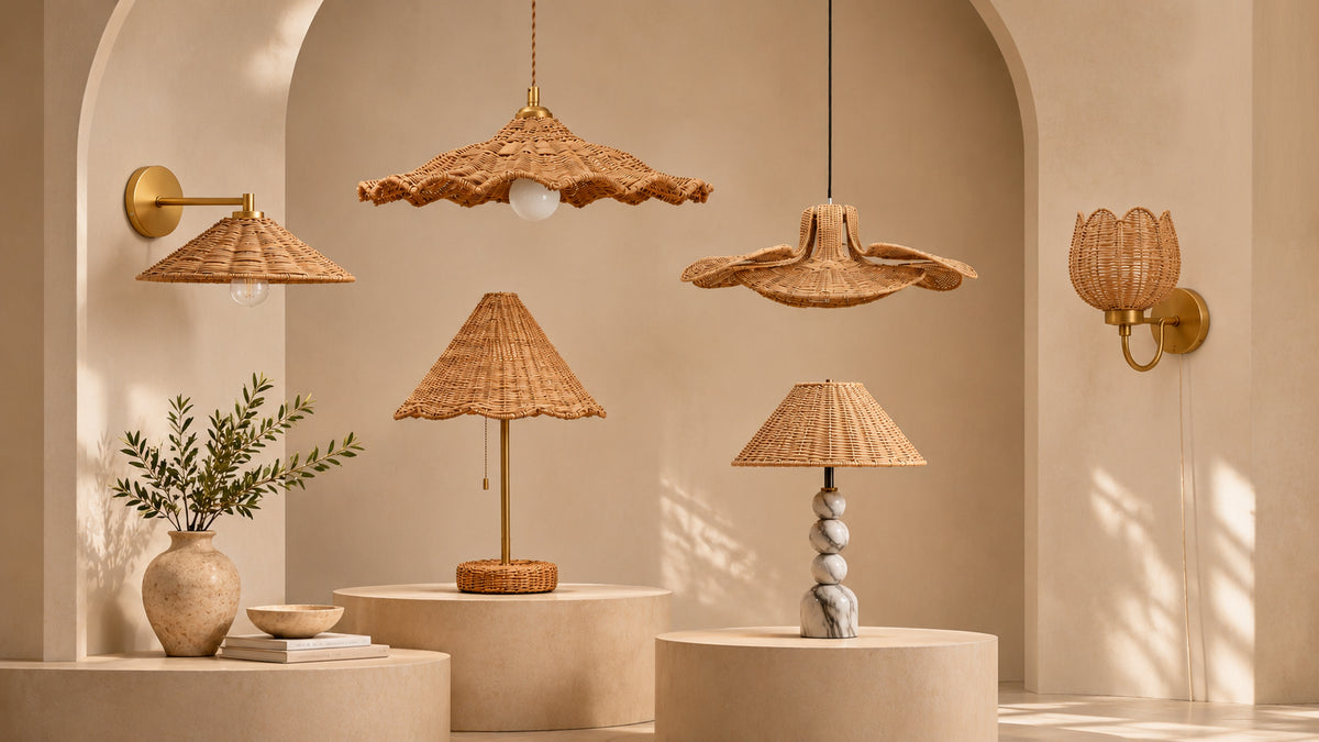 Woven rattan pendant lights over a kitchen island