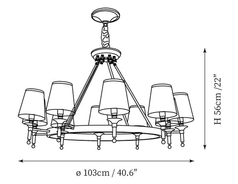 10Heads: ∅ 40.6″ x H 22″ / Dia 103cm x H 56cm