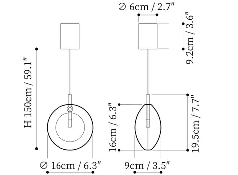 Round Glass Art  Pendant Lamp — Dimension drawings 1