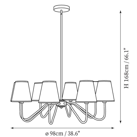8-Lights: ∅ 38.6″ x H 66.1" / Dia 98cm x H 168cm