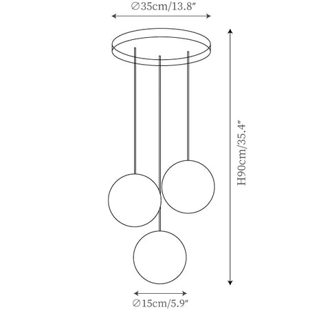 3 têtes : ∅ 13.8″ x H 35.4″ / Dia 35cm x H 90cm (single light 15cm)