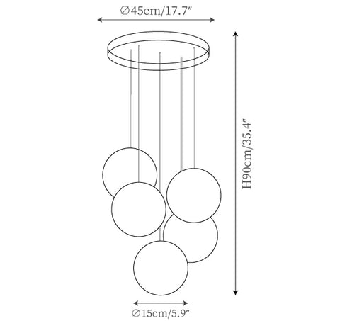 Roud 5 têtes : ∅ 17.7″ x H 35.4″ / Dia 45cm x H 90cm (single light 15cm)