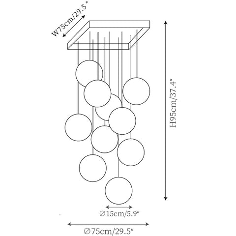 10 têtes : ∅ 29.5" x H 37.4" / Dia 75cm x H 95cm (single light 15cm)