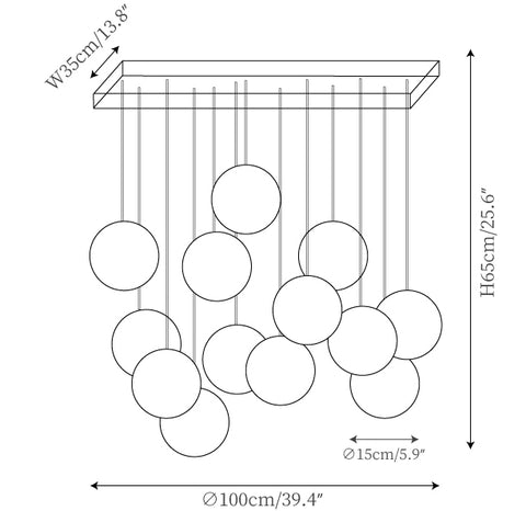 13 têtes : ∅ 39.4″ x H 25.6″ / Dia 100cm x H 65cm (single light 15cm)