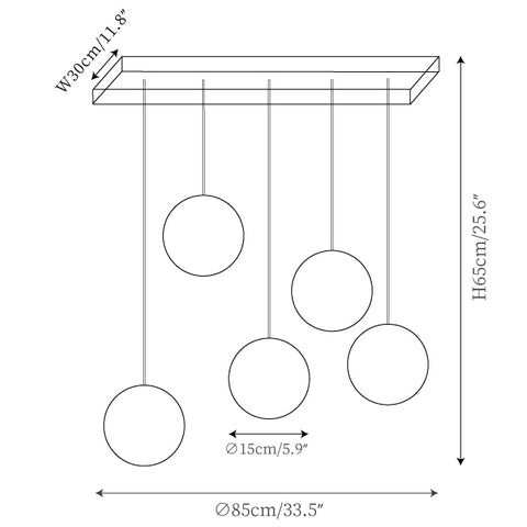 Long 5 têtes : ∅ 33.5" x H 25.6" / Dia 85cm x H 65cm (single light 15cm)